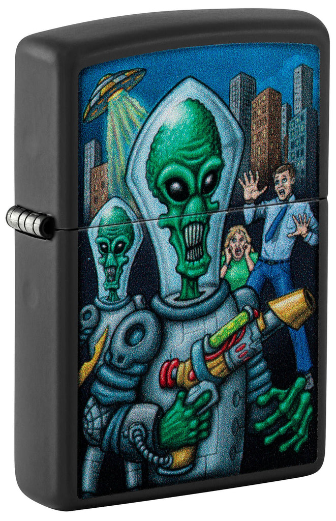 Front shot of Zippo Alien Attack Design Black Matte Pocket Lighter standing at a 3/4 angle.