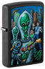 Front shot of Zippo Alien Attack Design Black Matte Pocket Lighter standing at a 3/4 angle.