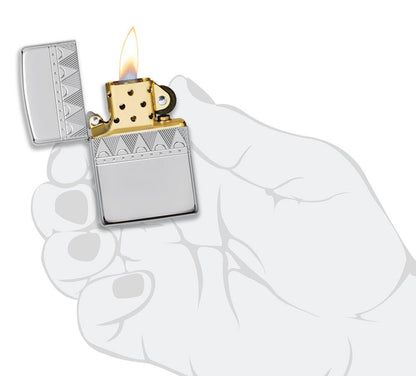 ArmorÂ® Sterling Silver Diamond Pattern Design Windproof Lighter lit in hand