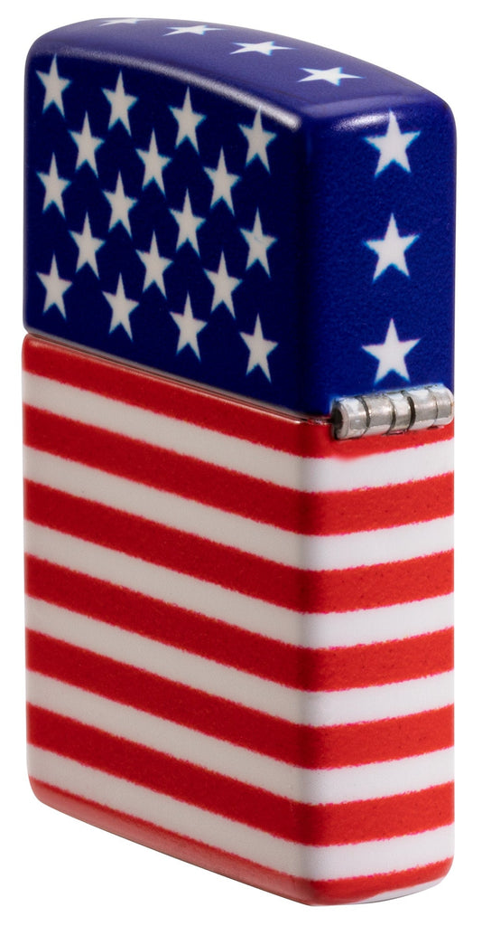 Angled shot of Zippo Stars and Stripes Flag Design 540 Color Matte Windproof Lighter showing the back and hinge side of the lighter.