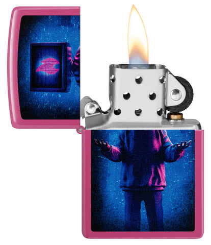 Zippo Flame TV Man Design Frequency Windproof Lighter with its lid open and lit.