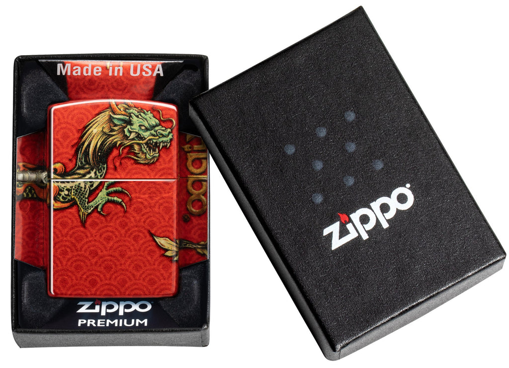 Zippo Dragon Design 540 Fusion Windproof Lighter in its packaging.