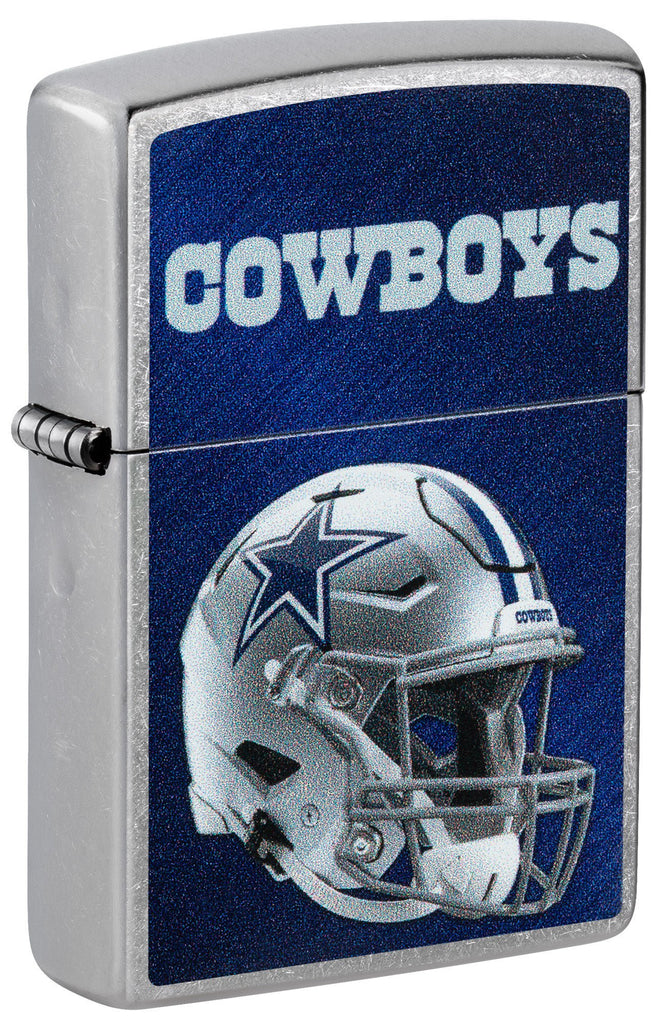 Front shot of NFL Dallas Cowboys Helmet Street Chrome Windproof Lighter standing at a 3/4 angle.