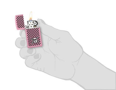Zippo Checkered Skull Design Slim Pink Matte Windproof Lighter lit in hand.
