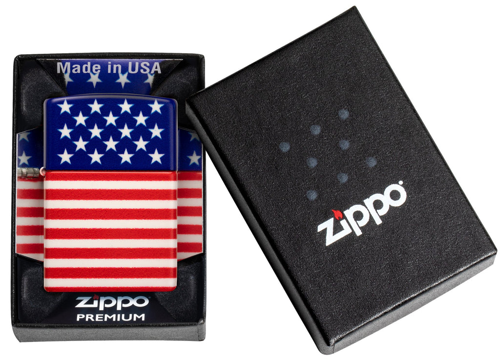 Zippo Stars and Stripes Flag Design 540 Color Matte Windproof Lighter in its package.