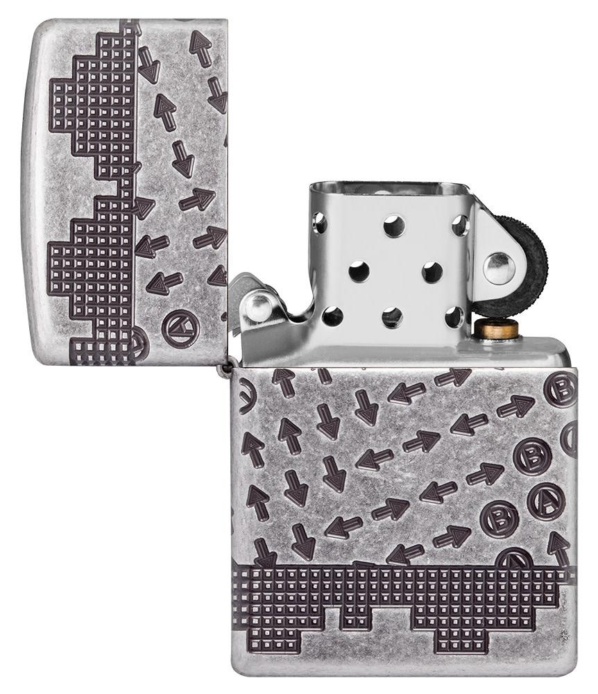 Gaming Cheat Code Armor® Antique Silver Windproof Lighter with its lid open and unlit.
