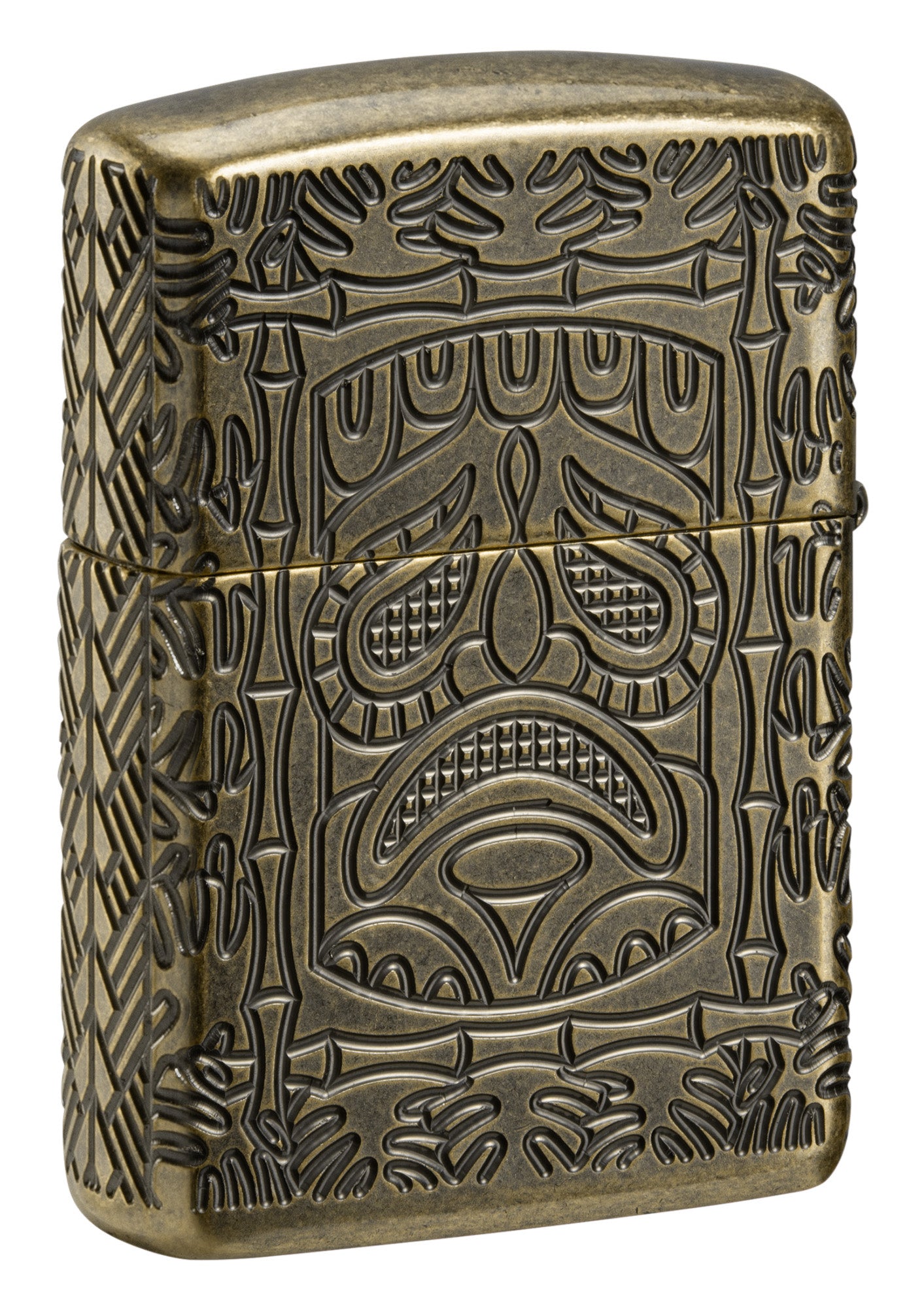 Back view of Tiki Design ArmorÂ® Antique Brass Windproof Lighter standing at a 3/4 angle.