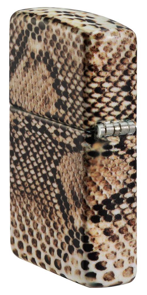 Snake Skin 540 Color Windproof Lighter standing at an angle, showing the back and hinge side of the lighter.