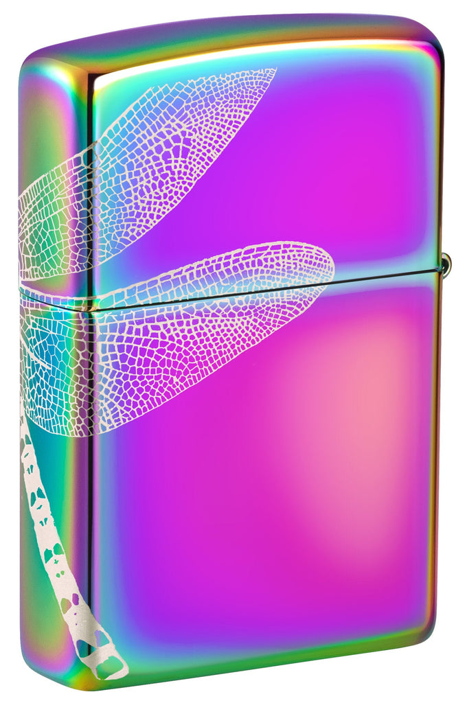 Back shot of Zippo Dragonfly Design Multi Color Windproof Lighter standing at a 3/4 angle.