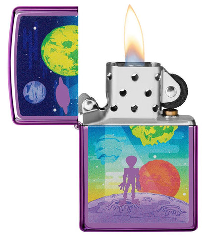 Alien Worlds High Polish Purple Windproof Lighter with its lid open and lit