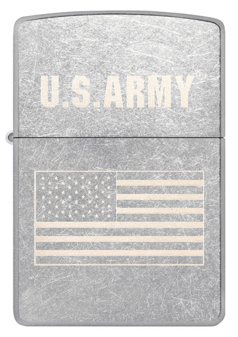 Front view of Zippo U.S. Army US Flag Laser Engrave Street Chrome Windproof Lighter.
