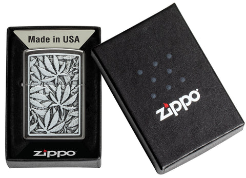 Cannabis Emblem Design Grey Windproof Lighter in it's packaging.