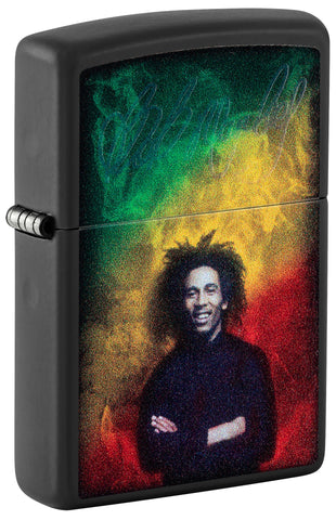 Front shot of Zippo Black Light Bob Marley Design Black Matte Windproof Lighter standing at a 3/4 angle.