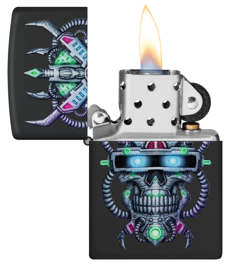 Zippo Cyber Skull Design Black Matte Windproof Lighter with its lid open and lit.
