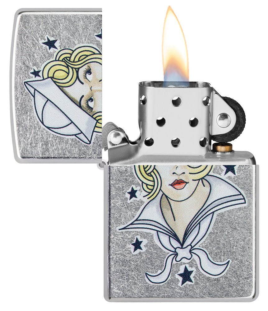 Sailor Girl Tattoo Design Street Chrome™ Windproof Lighter with its lid open and lit.