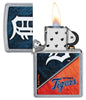 MLB® Detroit Tigers™ Street Chrome™ Windproof Lighter with its lid open and lit.