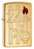 Front view of Armor® High Polished Brass Abstract Zippo Logo Windproof Lighter standing at a 3/4 angle