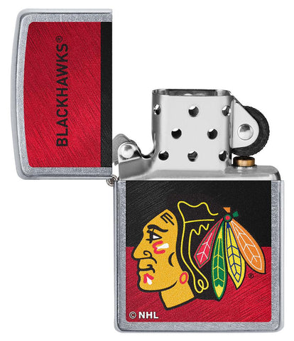 NHL® Chicago Blackhawks Street Chrome™ Windproof Lighter with its lid open and unlit