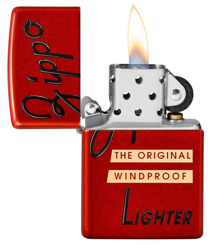 Zippo Red Box Top Design Metallic Red Windproof Lighter with its lid open and lit