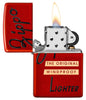 Zippo Red Box Top Design Metallic Red Windproof Lighter with its lid open and lit