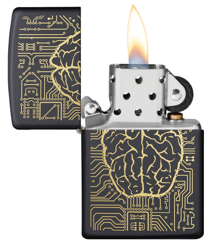 Artificial Intelligence Black Matte Windproof Lighter with its lid open and lit