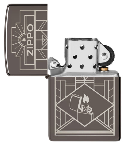 Zippo Art Deco Design Black IceÂ® Windproof Lighter with its lid open and unlit.