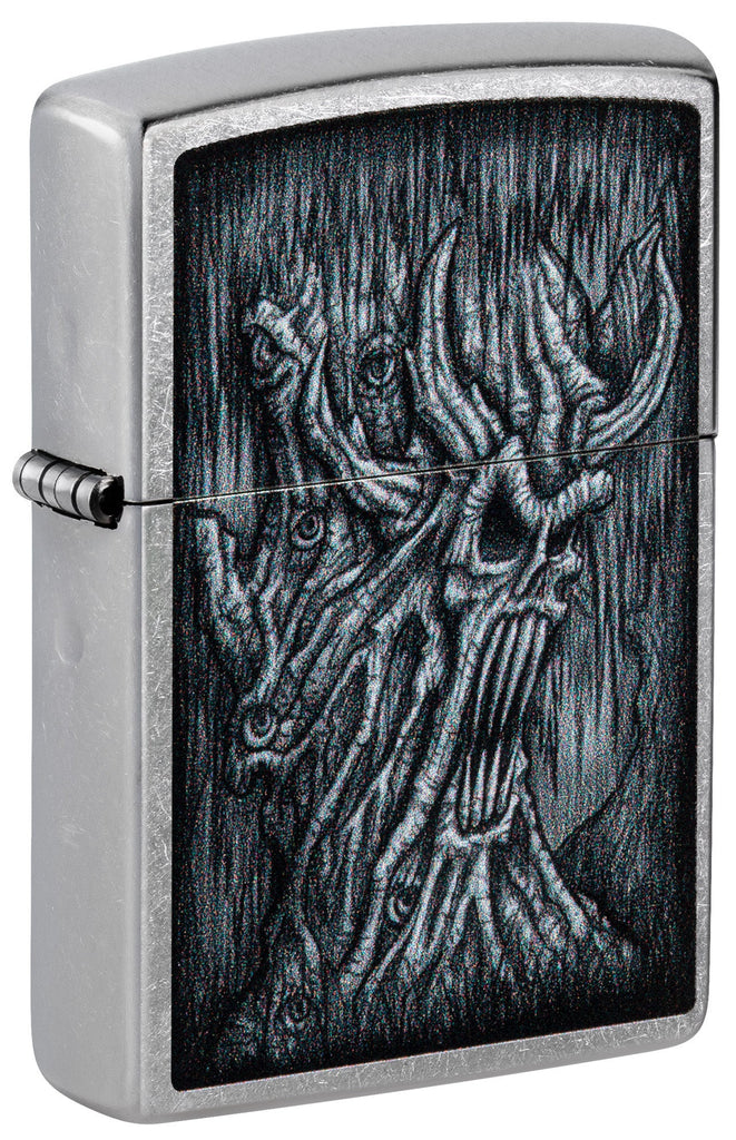 Front shot of Zippo Evil Tree Design Street Chrome Windproof Lighter standing at a 3/4 angle.