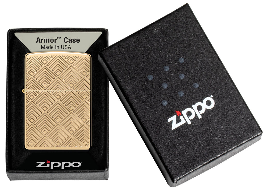 Zippo Pattern Design Armor High Polish Brass Windproof Lighter in its packaging.