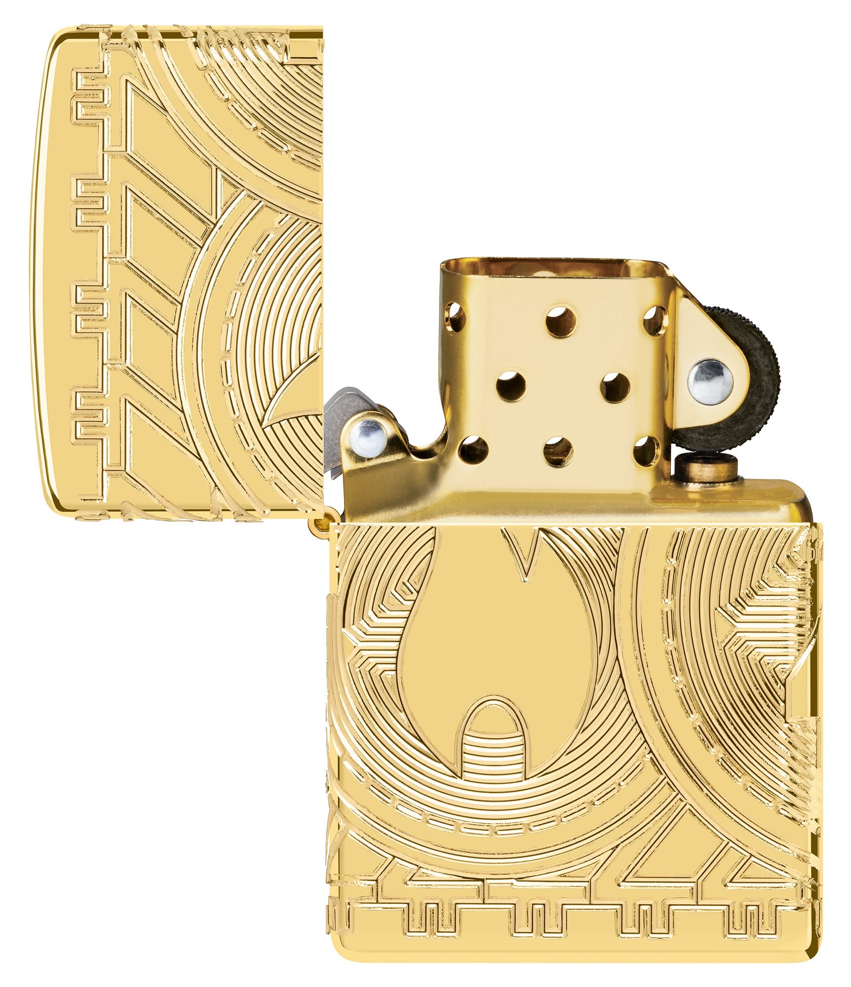 Currency Design ArmorÂ® High Polish Gold Windproof Lighter with its lid open and unlit.