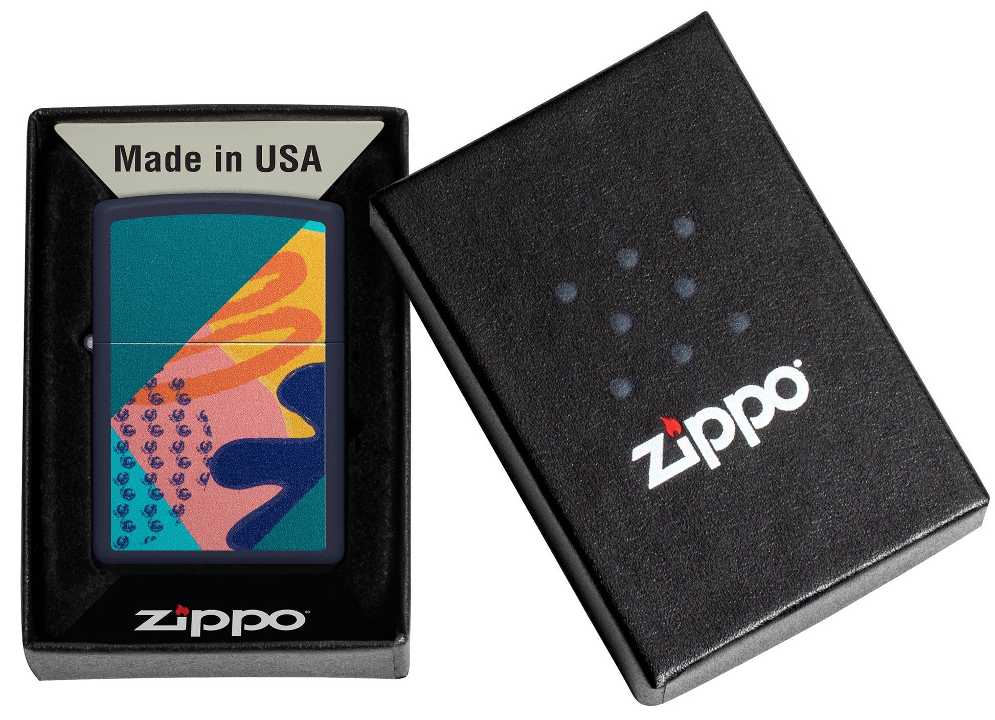 Retro Pattern Design Navy Matte Windproof Lighter in its packaging.