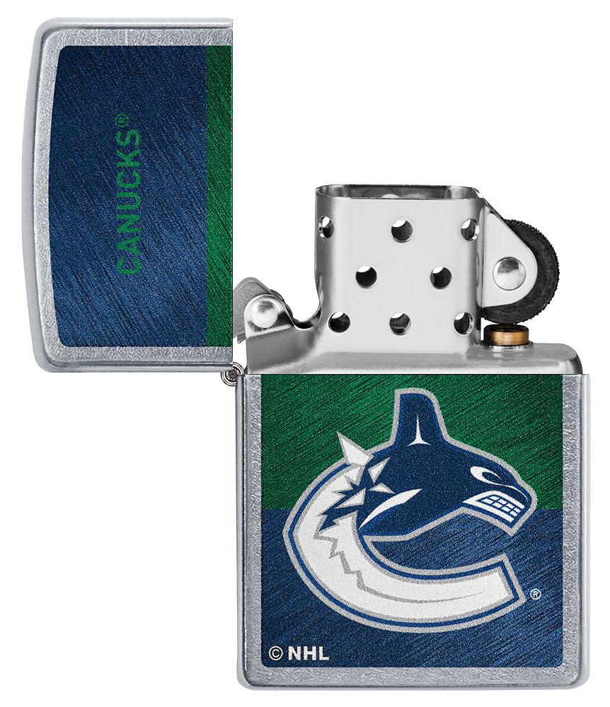 NHL® Vancouver Canucks Street Chrome™ Windproof Lighter with its lid open and unlit