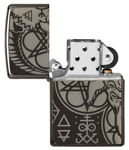 Occult Design High Polish Black Windproof Lighter with its lid open and unlit.