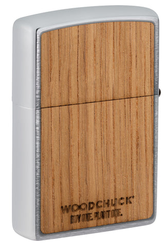 Back shot of Zippo Jack Daniel's Woodchuck USA Brushed Chrome Windproof Lighter, standing at a 3/4 angle.