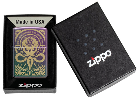 Zippo Evil Design Iridescent Windproof Lighter in its package.