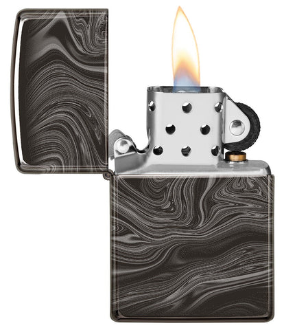 Marble Pattern Design High Polish Black Windproof Lighter with its lid open and lit.