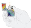Fusion Pattern Design High Polish Chrome Windproof Lighter lit in hand.