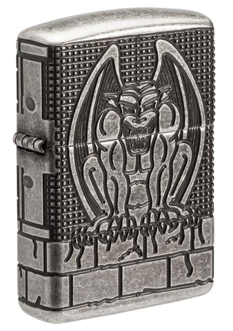 Front of Armor® Antique Silver Gargoyle Windproof Lighter standing at a 3/4 angle