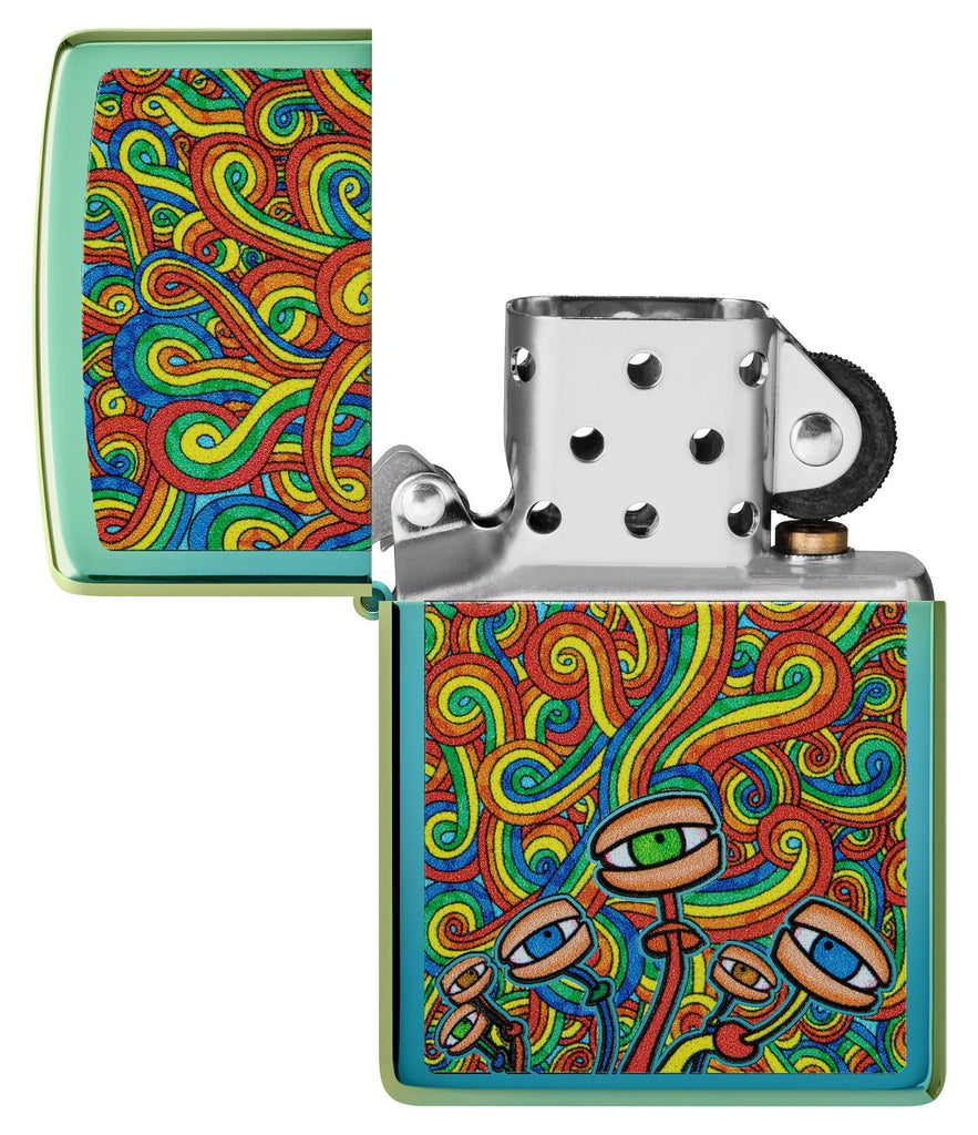 Psychedelic Imagery Design High Polish Teal Windproof Lighter with its lid open and unlit.