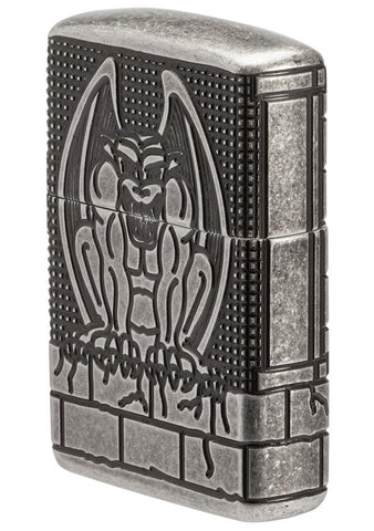 Front angle view of Armor® Antique Silver Gargoyle Windproof Lighter, showing the right side of the lighter