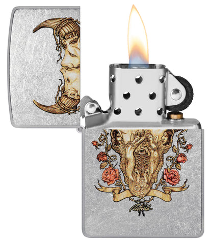 Zippo Rick Rietveld Floral Bull Skull Street Chrome Windproof Lighter with its lid open and lit.