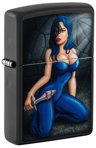 Front shot of Woman Dagger Black Matte Windproof Lighter standing at a 3/4 angle.