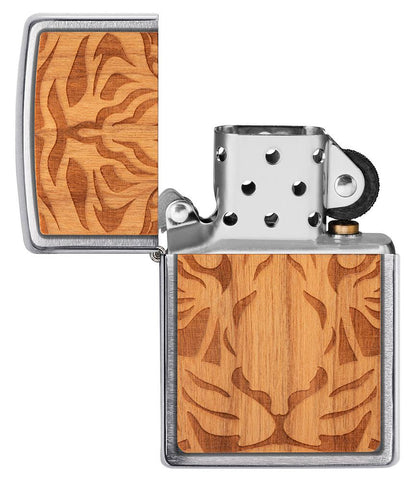 WOODCHUCK USA Cherry Tiger Head Emblem Windproof Lighter with its lid open and unlit.
