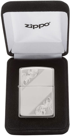 Sterling Silver Diagonal Filigree Design Windproof Lighter in its packaging