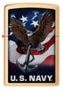 Front view of Zippo U.S. Navy Eagle Anchor & Flag Brushed Chrome Windproof Lighter.