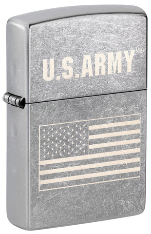 Front shot of Zippo U.S. Army US Flag Laser Engrave Street Chrome Windproof Lighter standing at a 3/4 angle.