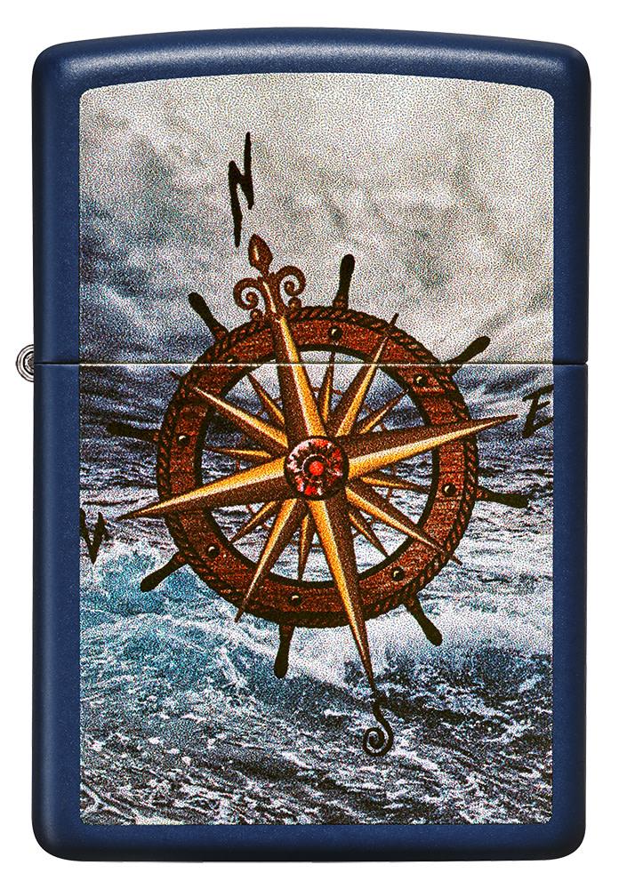 Front of Compass Design Navy Matte Windproof Lighter