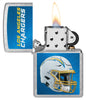 NFL Los Angeles Chargers Helmet Street Chrome Windproof Lighter with its lid open and lit.