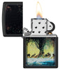 Frank Frazetta Tree Design Black Matte Windproof Lighter with its lid open and lit.