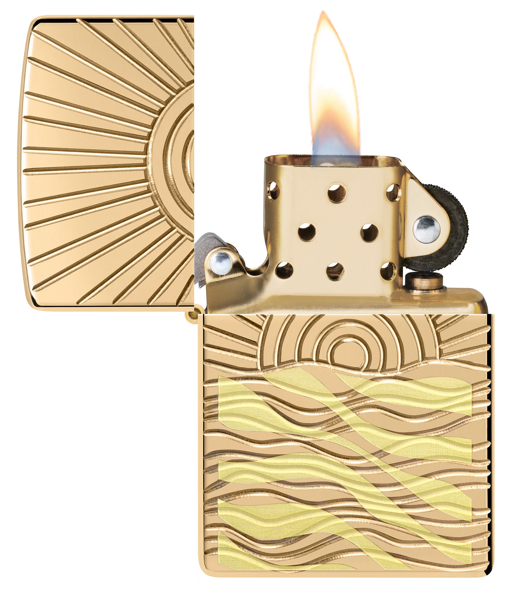 SunBeam Pendant ArmorÂ® High Polish Brass Windproof Lighter with its lid open and lit.