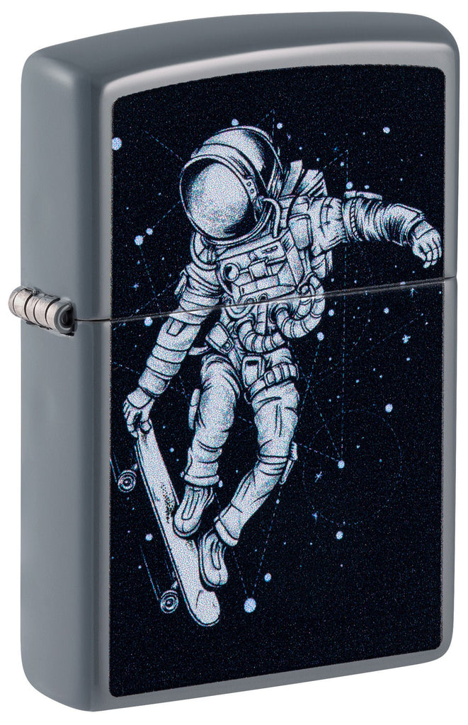 Front shot of Zippo Skateboarding Astronaut Design Flat Grey Windproof Lighter standing at a 3/4 angle.